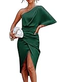 CUPSHE Women Satin Dress Backless One Shoulder Short Sleeves Midi High Low Hem Cocktail Party Dress Emerald Green with Zipper XL